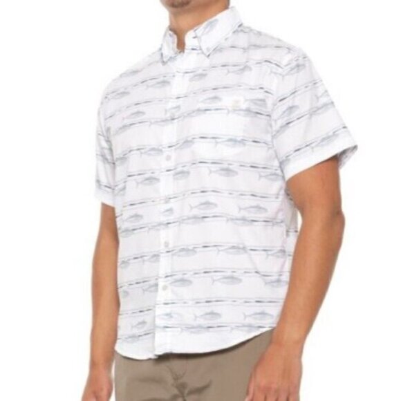 New Huk Tuna Pastel Teaser Short Sleeve Shirt Mens S White Fish Button Front - Picture 1 of 6